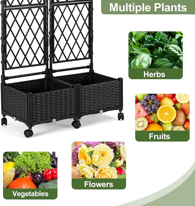 Planter Box with Trellis, 4ft Tall Self-Watering Plastic Raised Garden Beds and Lattice Trellis with Lockable Wheels & Drain Plug for Outdoor Patio Backyard Balcony, Black, 2 Pcs