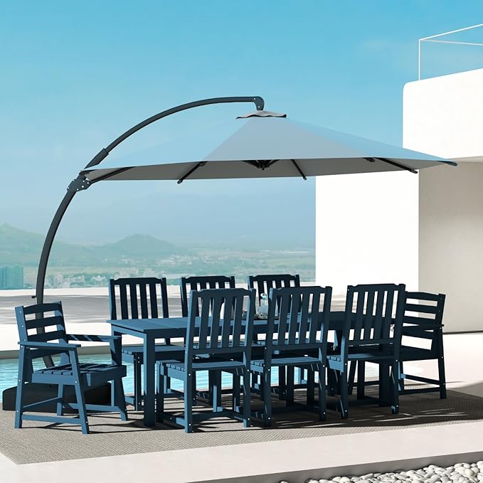 Navy Blue 9-Piece Outdoor Dining Set with Beige 11FT Cantilever Umbrella, 75.2'' HDPE Table & Chairs for 8, Weather-Resistant Furniture with Umbrella Hole for Patio, Lawn, Poolside