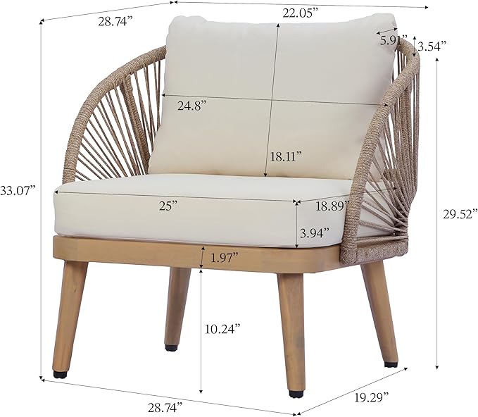 Merax 4-Piece Acacia Wood Patio Conversation Set - Curved Tub Loveseat & Chairs with Woven Rope Accents,Slatted Coffee Table & Weather-Resistant Cushions for Outdoor Deck,Garden or Balcony,Teak+ Beige