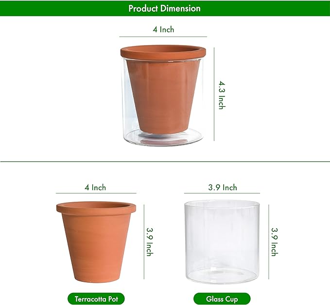 D'vine Dev 4 Inch Design Self Watering Pot for Indoor Plants, Terracotta Planter with Cylinder Glass Cup, 37-X-A-1