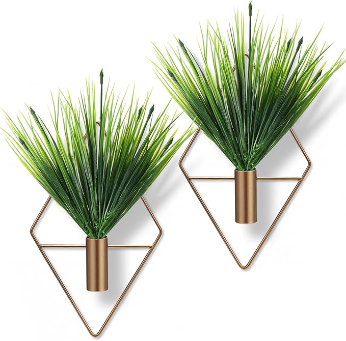 4 Pieces Bronze Wall Decor Hanging Planters with Artificial Aquatic Plants Metal Hanging Vase Indoor Plants Holder Modern Boho Wall Art for Bathroom Bedroom Living Room Decor