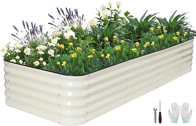 5 in 1Galvanized Raised Garden Bed - 8x3x1.4ft Modular Garden Planter Bed Outdoor | Steel Raised Bed Kit with Bracing Rods, Gloves for Gardening Vegetables Fruits and Flowers - White