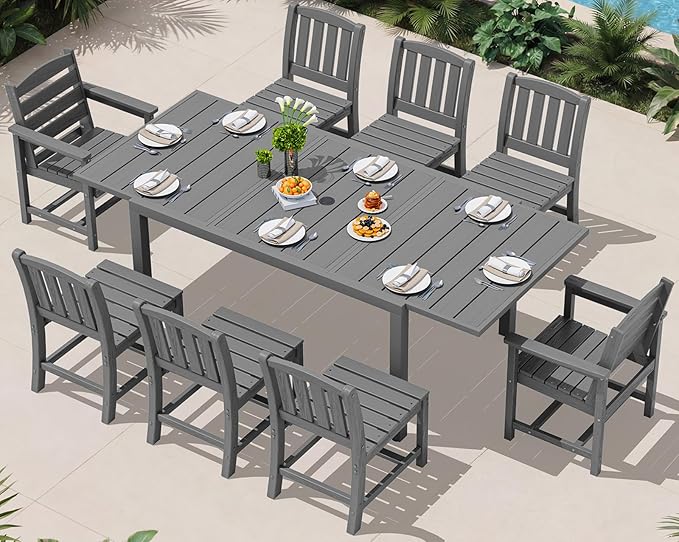 SERWALL 9-Piece Outdoor Dining Set, 60" - 83" Expandable Outdoor Dining Table and 8 HDPE Chairs, All Weather HDPE Outdoor Furniture Set for Backyard, Garden, Grey
