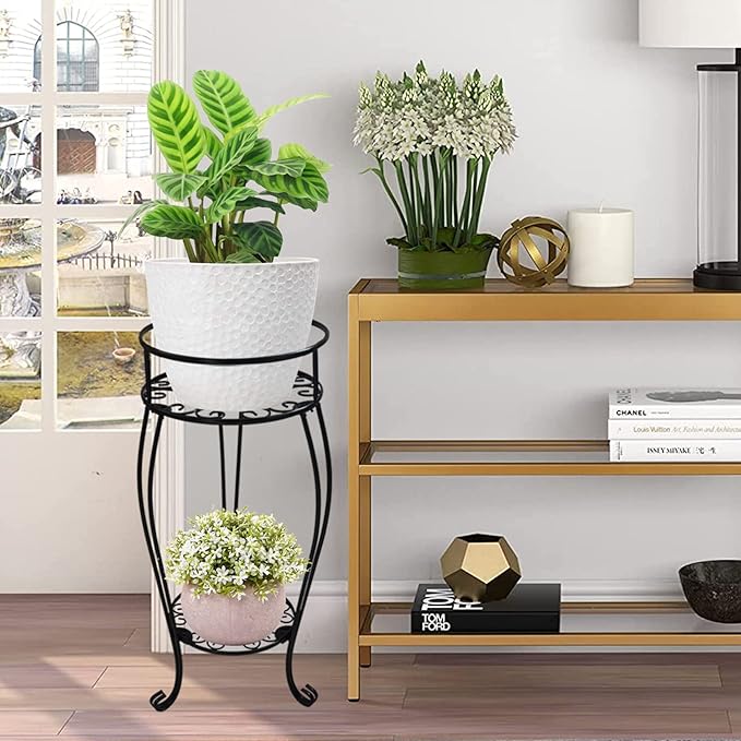 CASIMR 2 Tier Plant Stand, 2-Pack 28.1 inch Tall Metal Potted Holder Rack,Indoor Outdoor Multiple Flower Pot Shelf Rustproof Iron Garden Container for Garden Patio Living Room Corner Balcony, Black