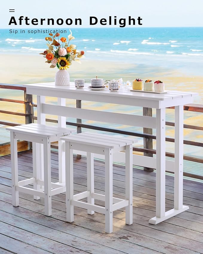 3 Piece HDPE Outdoor Bar Height Table and Chairs Set of 2 Includes High Top Patio Table and Chairs, Outside Patio Bar Set for Bistro,Balcony,Backyard,Poolside (White, 3 Piece)