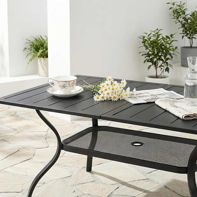 VINGLI 59" Rectangle Patio Table for 6, Metal Outdoor Dining Table with Umbrella Hole, All-Weather Steel Patio Dining Table Outdoor Table for Lawn, Garden, Backyard, Black (L59 xW35)