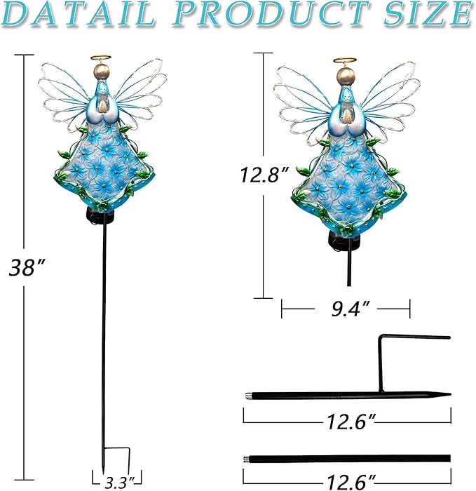38Inch Angel Solar Lights Outdoor Decorative-Metal&Glass Angel Blue Hydrangea Flower Garden Stake- Waterproof 30 Warm White LED for Remembrance & Sympathy Gifts（Blue）