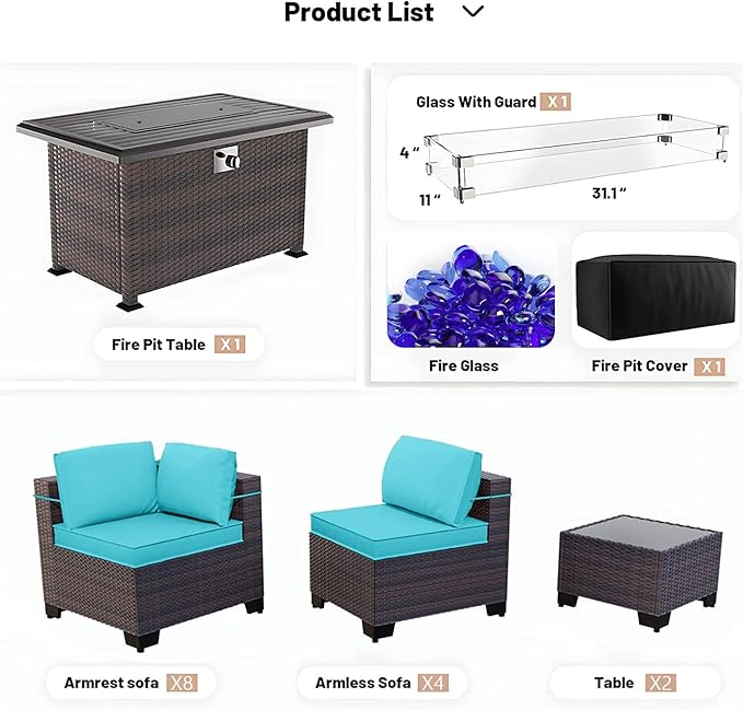 Kullavik 15PCS Outdoor Patio Furniture Set with 43" 55000BTU Gas Propane Fire Pit Table PE Wicker Rattan Sectional Sofa Patio Conversation Sets w/8 Coner Sofas,Blue