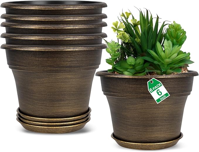 Plant Planters Pots Set of 6 Pack 6 Inch, Plastic Flower Pot For Indoor Plants With Drainage Holes & Trays, Resin Decorative Container Sets With Saucer For House Outdoor Garden Planters Dark Gold