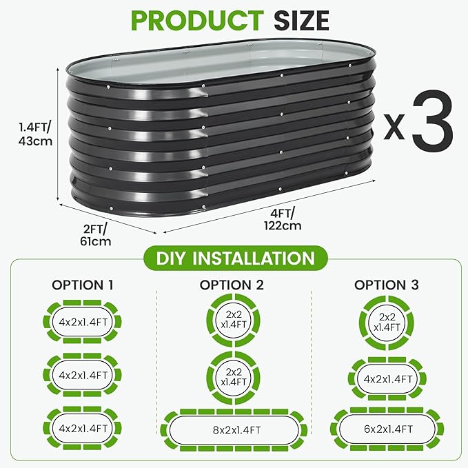 Galvanized Raised Garden Bed Outdoor |17'' Tall Planter Box Outdoor for Deep Root Plants | 3Pcs Raised Bed Kit for Gardening with Rubber Strip for Vegetables Flowers Fruits (Darkgrey, 4x2x1.4FT)