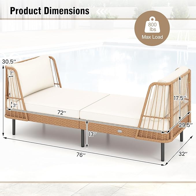 Tangkula Patio Rattan Daybed, Boho Outdoor Wicker Lounge Sofa with Seat & Back Cushions, 2-Seat Bench Sun Lounger Chair with Robust Metal Legs for Deck, Backyard, Porch, Poolside (1, Off White)