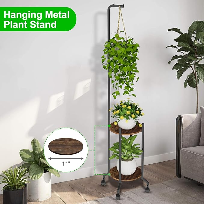 Plant Stand Indoor, 2 Tier Hanging Tall Plant Shelf with Wheels, 3 Potted Corner Flower Stand Metal Plant Holder, Plant Shelves for Living Room, Bedroom, Patio, Outdoor, Black