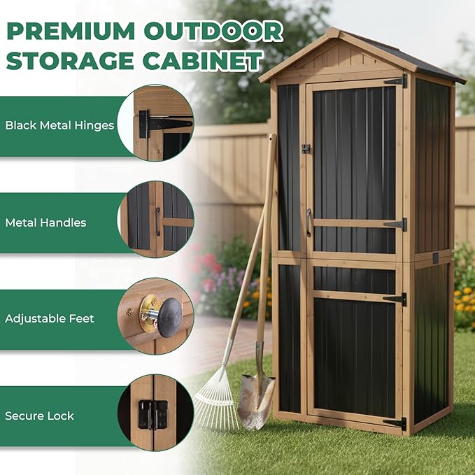Large Outdoor Storage Cabinet with 4 Shelves, Wood Outdoor Storage Shed with Weatherproof Roof, Lockable Doors, Tall Outdoor Patio Cabinets for Garden Tool and Accessories, Brown