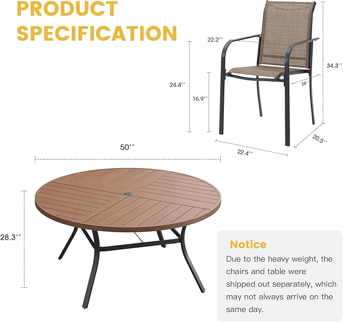 VICLLAX Patio Table and Chair Set of 6, All Weather Metal Round Outdoor Dining Furniture Set-50 Round Outdoor Table and Chairs, Walnut Wood Grain Tabletop