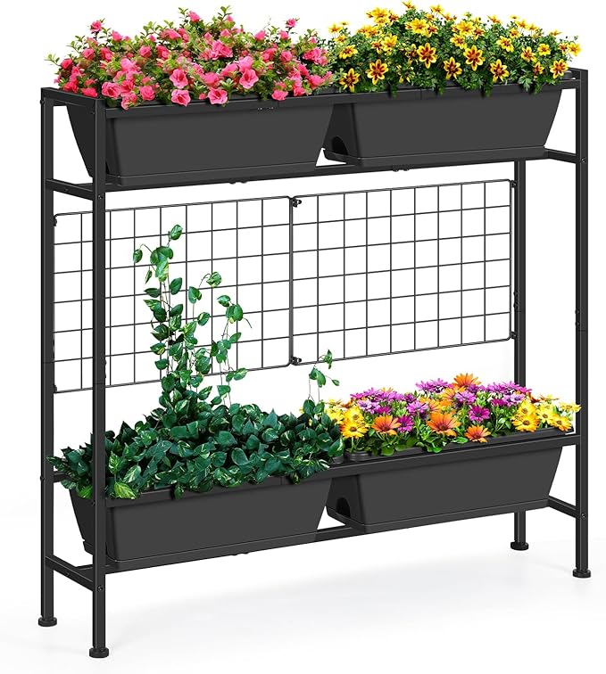 OYEAL Raised Garden Bed with Legs & Trellis, 32" Tall Vertical Garden Planter Boxes Outdoor Flower Bed for Gardening, Vegetables, Flowers, Herbs, Backyard, Grey