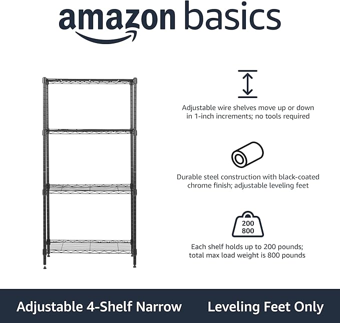Amazon Basics 4-Shelf Steel Wire Storage Shelves for Garage, Adjustable Metal Shelving Unit, 200 lbs Per Shelf, 23.2" W x 48" H x 13.4" D, Black | Sturdy, Adjustable, Easy Assembly, Storage