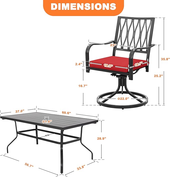 NUU GARDEN 7 Piece Outdoor Dining Set Rectangle Iron Patio Table with Umbrella Hole and 6 Swivel Chairs with Cushions Outdoor Furniture Set for Garden Backyard Black and Red
