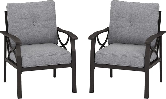 RoyalCraft 2 Pieces Outdoor Single Sofa,All-Weather Patio Metal Armchair,Khaki Metal Furniture with Gray Cushions