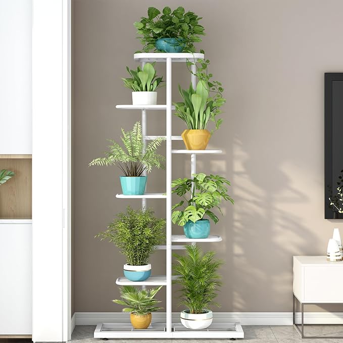 LINZINAR Plant Stand Metal 7 Tier 8 Potted Multiple Flower Pot Holder Shelf Indoor Outdoor Planter Display Shelving Unit for Patio Garden Corner Balcony Living Room, White
