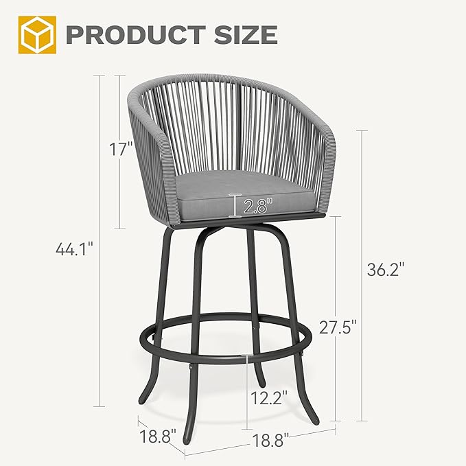 DWVO Outdoor Counter Height Bar Stools Set of 2, Patio Swivel Bar Chairs with Soft Cushions, 360° Rotation, Bar Height Rattan Chairs for Backyard, Poolside, Garden, Gray