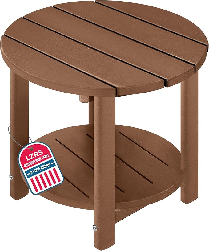 LZRS Round Adirondack Side Table Double End Table, Outdoor Side Tables for Patio, Backyard,Pool, Indoor Companion, Easy Maintenance & Weather Resistant(Brown)
