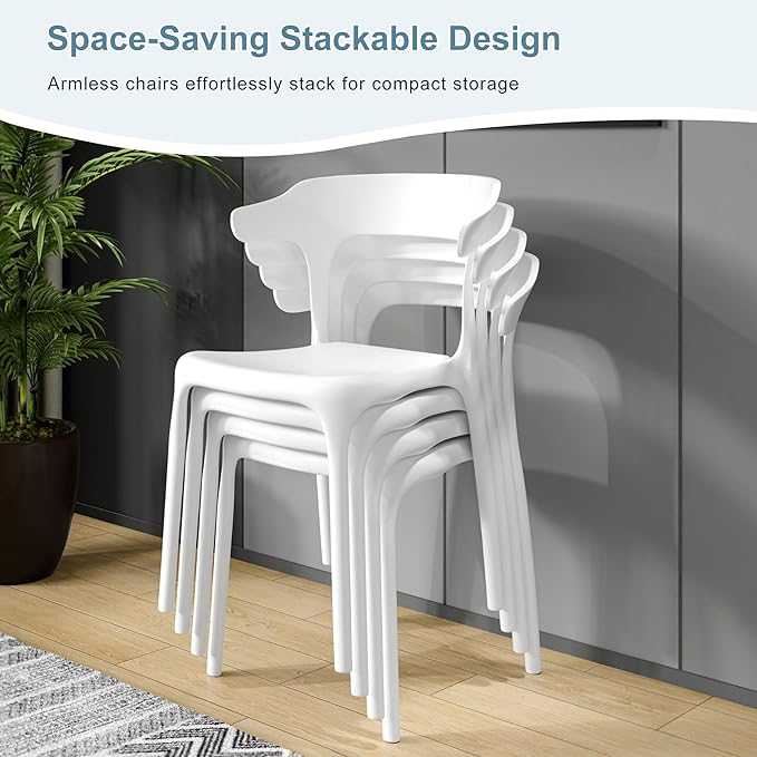 VECELO 4 Pack Plastic Stacking Chairs, Stackable Dining Chairs for Kitchen Restaurant Patio, Portable Indoor Outdoor Use, No Assembly Required, White
