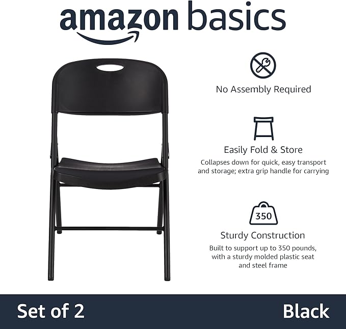 Amazon Basics Portable Folding Plastic Chair, Events Seating, Easy to Store, 350-Pound Capacity, Black, 2-Pack