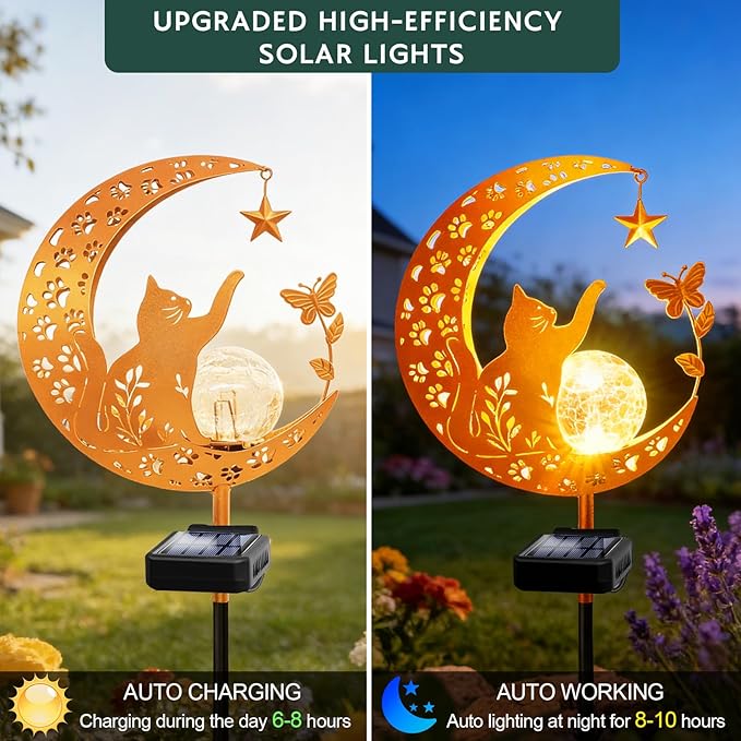 ZNYCYE Solar Lights Outdoor Decorative Moon Cat Butterfly Solar Stake Lights Birthday Gifts for Women mom Grandma, Garden Decor Waterproof for Walkway, Yard, Lawn, Patio (Warm White)