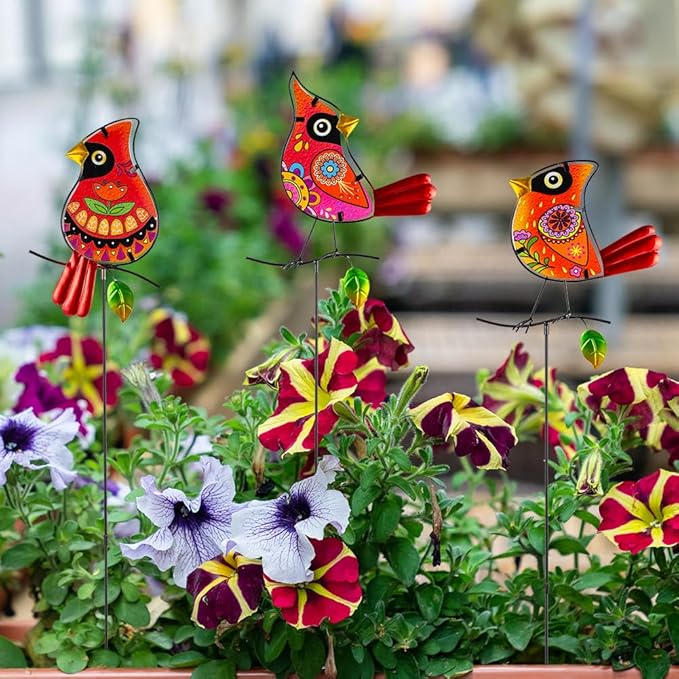 Decorative Garden Stakes,Set of 3 Cardinal Stained Glass Metal Yard Art,Waterproof Outdoor Decor Housewarming Present for Women Mom Grandma
