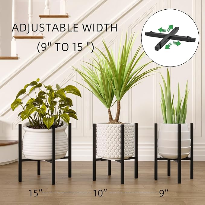 Adjustable Plant Stand Indoor Outdoor, Metal Plant Stand 9 to 15 Inches, Mid Century Modern Floor Flower Pots Stand, Plant Holder for Home Garden Decor Load Bearing 160 LB Black