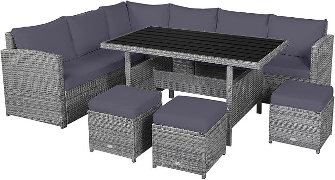 Tangkula 7 Pieces Patio Furniture Set, Outdoor Sectional Rattan Dining Sofa Set with Cushions, All Weather Wicker Conversation Couch Set with Dining Table & Ottomans for Yard Garden Poolside, Grey