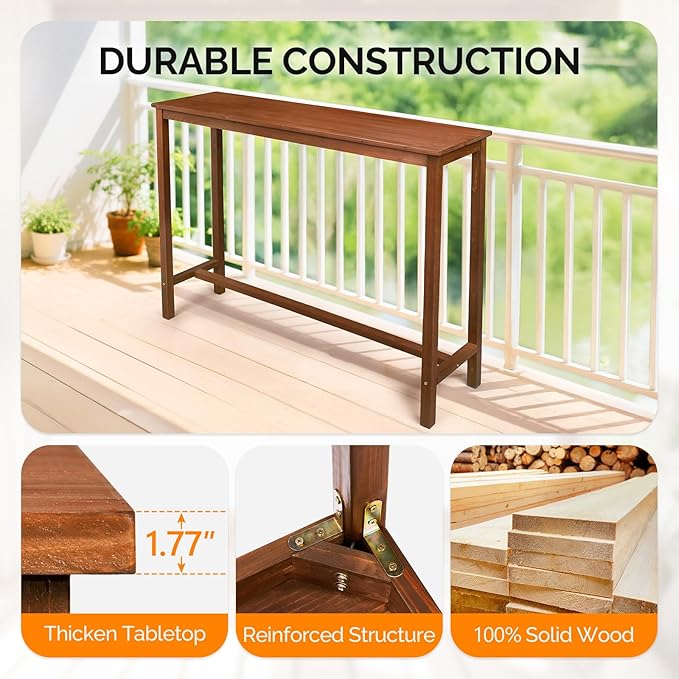 VINGLI Wooden Outdoor Bar Table, Wood Patio Counter Height Table, Weather-Resistant Patio Pub Table for Garden, Balcony, Poolside, Backyard, Indoor Use (Brown, 53")
