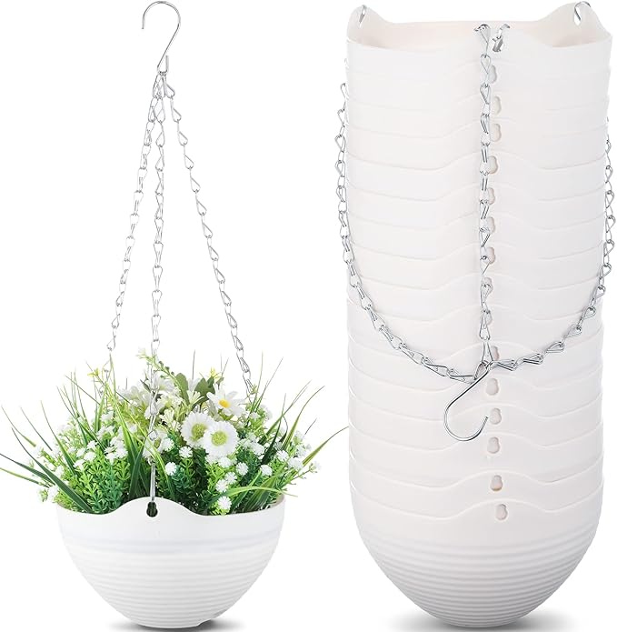 Zopeal 16 Pack Self Watering Hanging Planters 8 Inch Garden Flower Plant Pot Container with Drainer and Chain Round Hanging Pot Plant Basket for Indoor Outdoor Plants (White)