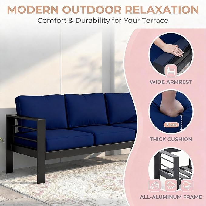 Kiss the Water Outdoor Couch Aluminum Patio Furniture Sofa, 3 Seat All-Weather Metal Patio Couch with 5" Thick and Soft Cushion and Wide Arm, Outdoor Sofa for Balcony, Porch