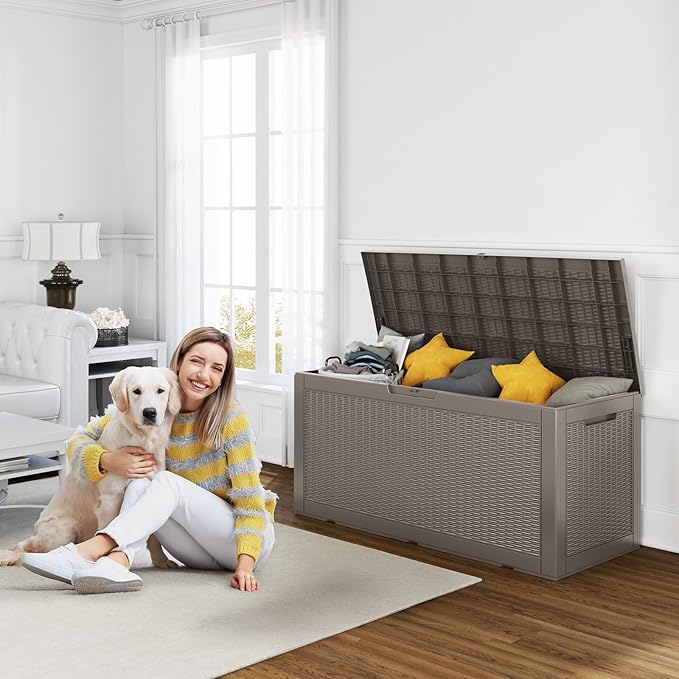 ROJIK Outdoor Storage Housing Deck Box - Waterproof Patio Furniture, Garden Tools, Cushions, Pool Accessories Storage Bench with Lockable Lid and Side Handles (Grey 110 Gal)