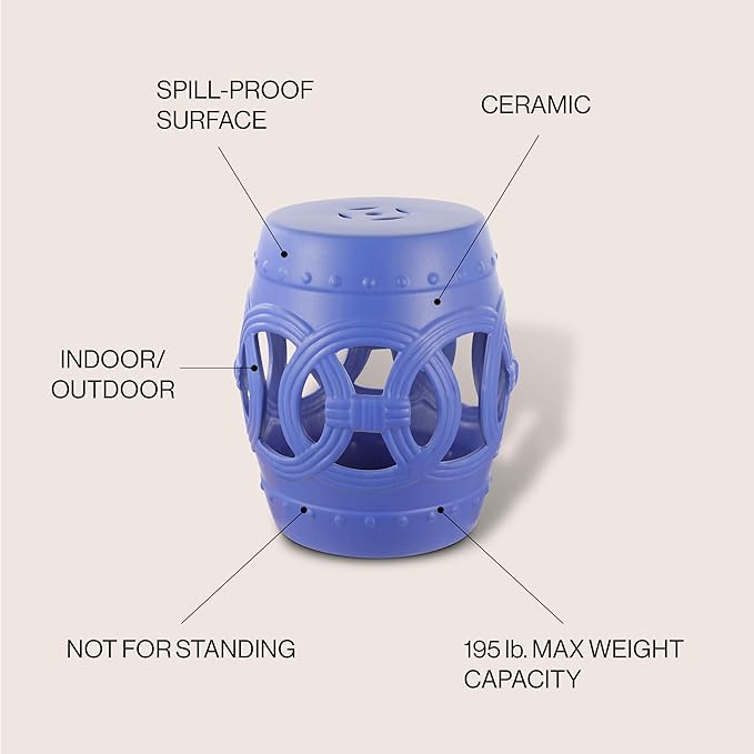 JONATHAN Y TBL1022D Lucky Coins 16" Chinese Ceramic Drum Indoor/Outdoor Garden Stool Bohemian, Coastal, Cottage, French Country, Traditional, for Living Room, Garden Room, Patio, Matte Blue