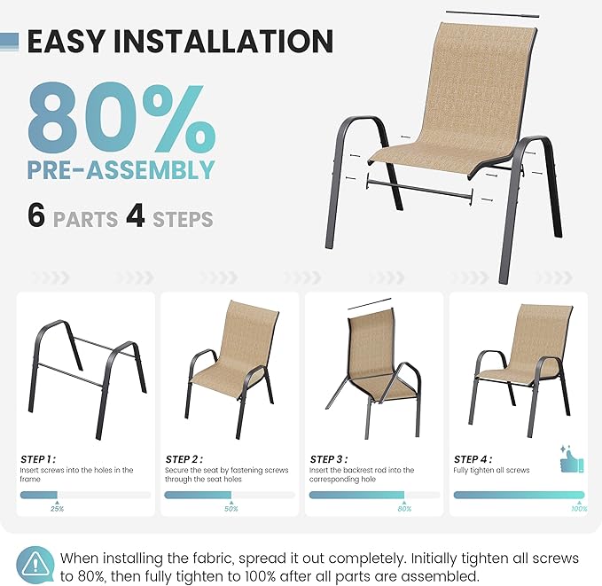 Patio Dining Chairs Set of 4, Outdoor High Stacking Chairs for All Weather, Breathable Seat Fabric and Alloy Steel Frame for Backyard, Porch, Garden (Brown)