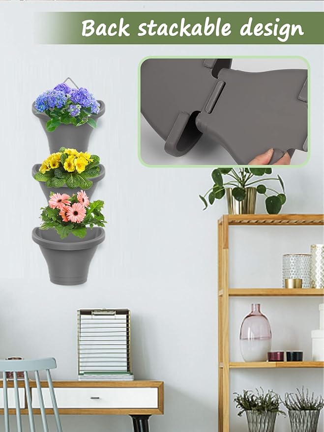 MADHOLLY 6Pcs Vertical Hanging Planters for Outdoor Plants - Wall Plant Holder for Indoor Decorations Garden Fence, Plastic Flower Pots with Drainage Grid and Hooks (Gray)