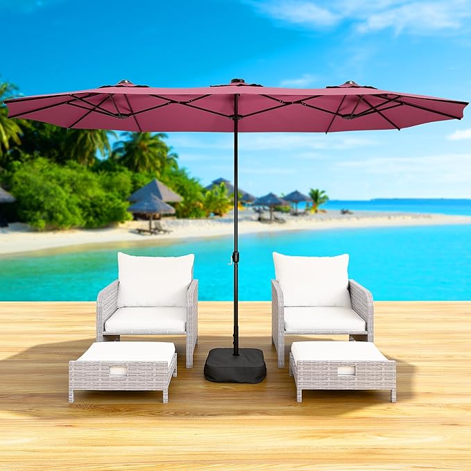 LEVELEVE 14FT Double-Sided Patio Umbrella with Base Included, Large Outdoor Rectangular Market Umbrella for Backyard, Poolside, Lawn & Garden,Red