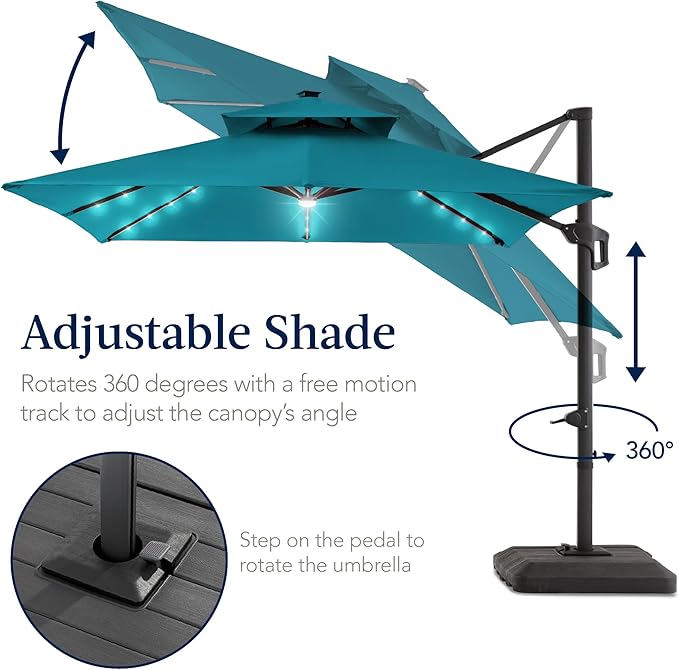 Best Choice Products 9x12ft LED Cantilever Patio Umbrella w/Base Included & 360° Rotation, Large Solar Offset Hanging Outdoor Sun Shade for Deck, Backyard Table w/Stand & Lights – Cerulean