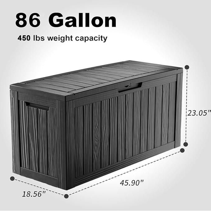 86 Gallon Outdoor Deck Box, Lockable Waterproof Outdoor Storage Boxes For Garden Tools,Indoor Cushions,Accessories Outside Storage Resin Weatherproof Container(Black)