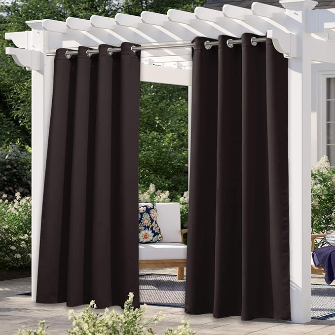 NICETOWN Outdoor Curtain for Patio Waterproof Extra Long 108" Length, Thermal Insulated Stainless Steel Grommet Blackout Privacy Drape for Porch, 1 Panel, 52" Wide, Toffee Brown