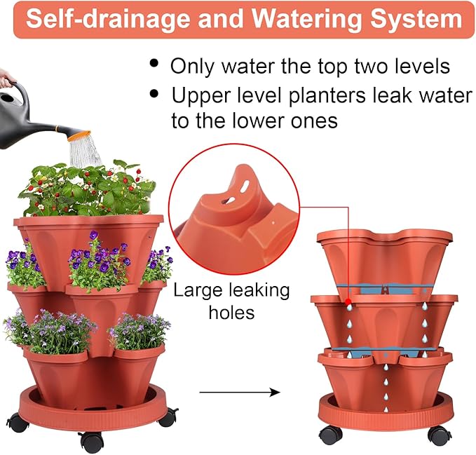 GameXcel Vertical Planter 3 Tier Stackable Planters Garden Planters Strawberry Herb Flower and Vegetable Planter Indoor Outdoor Gardening Pots with Removable Wheels and Tools