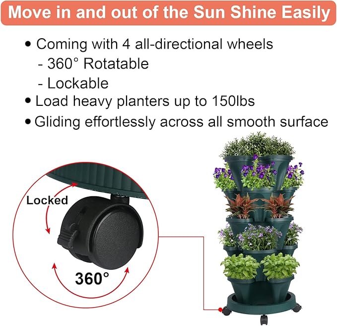 GameXcel Vertical Planter 5 Tier Stackable Planters Garden Planters Strawberry Herb Flower and Vegetable Planter Indoor Outdoor Gardening Pots with Removable Wheels and Tools - Green