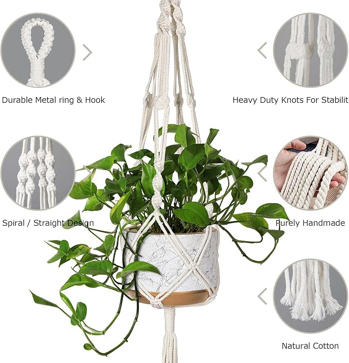 MIPON 3 Pack Macrame Plant Hanger Indoor Hanging Planter Holder with 3 Hooks, 46"/41"/34" Size for Boho Home Decor, Ivory (Pots Not Included)