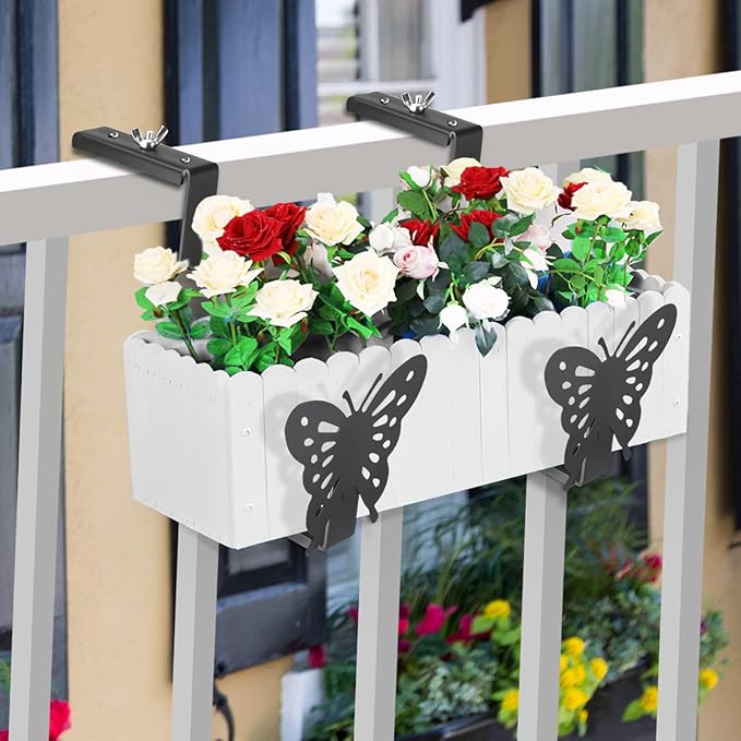 Planter Box Bracket, Adjustable Hang Window Box Holder with Butterfly, Hanging Flower Pot Stand Brackets for Outdoor Patio Garden Fence Pergola Balcony Supporting Heavy Planters-4Pack