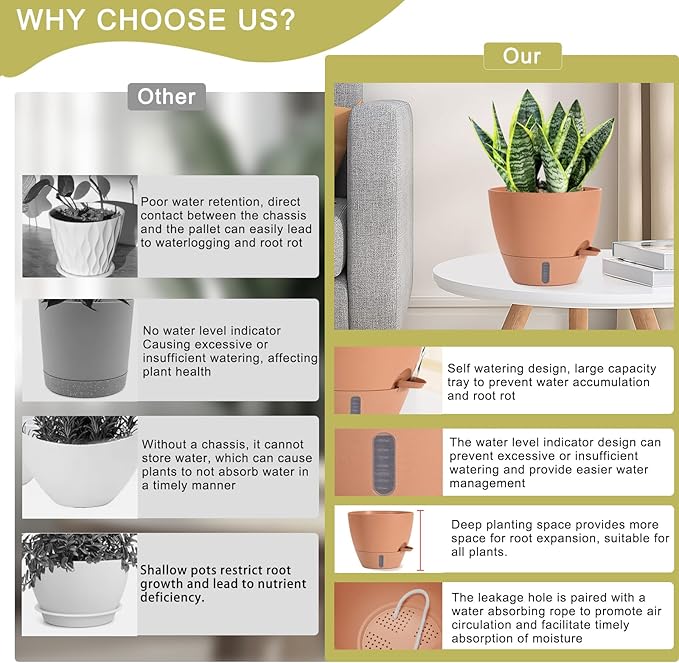 4 Pack Plant Pots,12/10/9/8/ Inch Self Watering Pots for Indoor/Outdoor Plants Deep Reservoir,Nursery Planting Pot for Indoor Out Door Plants (Terracotta,12/10/9/8/ Inch)