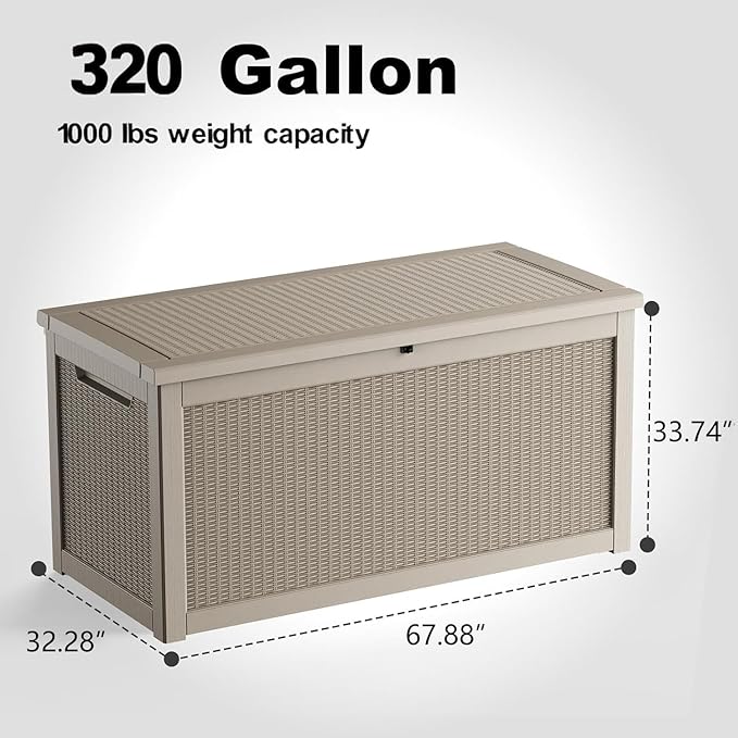 DRATO 320 Gallon Deck Box, Outdoor Large Waterproof Resin Storage Box with Lockable Lid for Patio Cushions, Gardening Tools（Gray，320 Gallon）