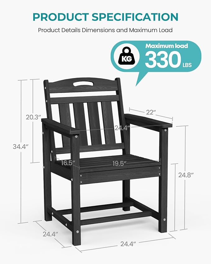 Outdoor Patio Dining Chair - All-Weather Fade-Resistant HDPE, Low Maintenance - for Garden, Backyard, Deck - New Black