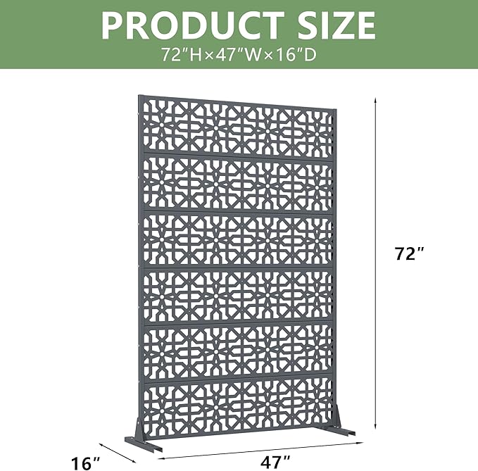 Casaphoria Metal Privacy Screen Outdoor, 72" H x 47" W Freestanding Decorative Privacy Screen for Patio Deck Balcony Garden with Stable Base, Drakgrey-Perilla